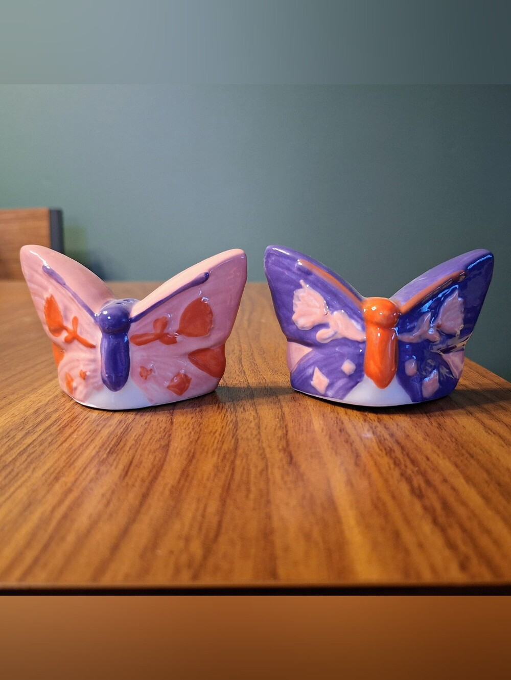 Hand-Painted Butterfly Ceramic Salt and Pepper Shakers - Pink & Purple